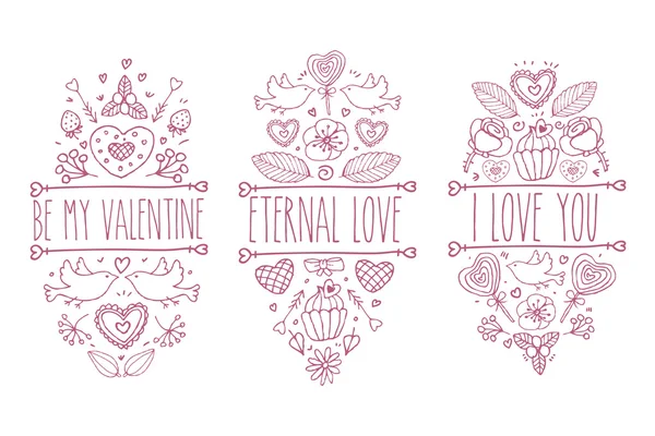 Valentines Day sketch doodle collectie, Vector hand getrokken label element set. Hou van hart, bloemen, tak, pijl, duif, boog, bloem, blad, Lollipop, snoep, Rose, Cupcake, beryy. Romantische collectie. — Stockvector