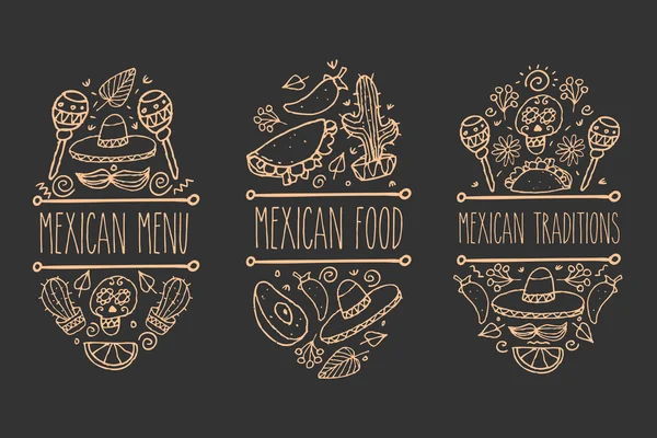 Mexikansk skiss Doodle samling, vektor handritade etikettelement. Skalle, sugarskull, Sombrero, avokado, chili, kaktus, lime, citron, tacos, burrito, mustascher. Infödda traditionella mat och attribut. — Stock vektor