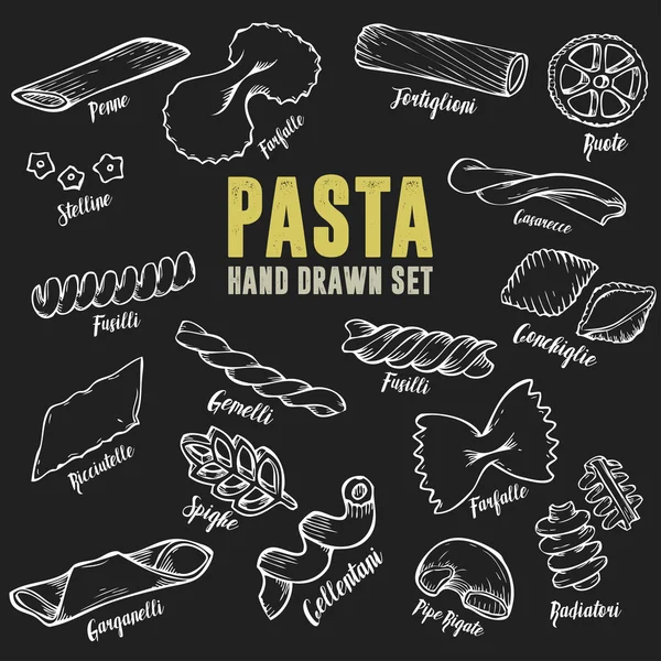 Hand getekende Italiaanse pasta set. Verzameling van verschillende soorten pasta. Retro lijn kunst vector illustratie. — Stockvector
