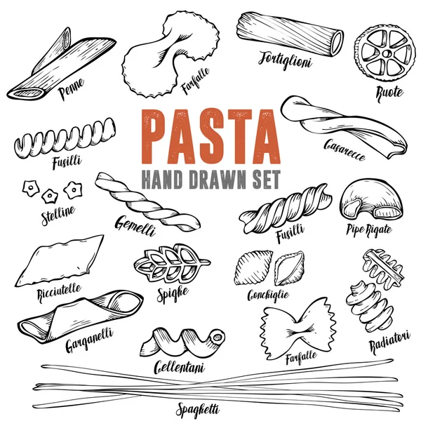 Hand drawn Italian pasta set. Collection of different types of pasta. Retro line art vector illustration. — Stock Vector