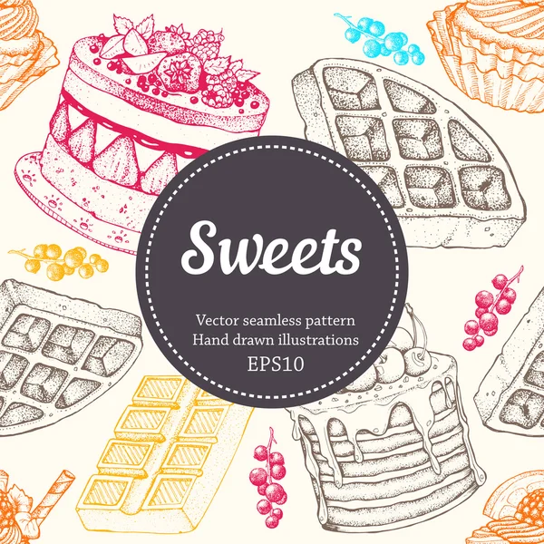 Εικονογράφηση του γλυκού αρτοποιείου. Γλυκό φαγητό σκίτσο ομαλή μοτίβο — Διανυσματικό Αρχείο