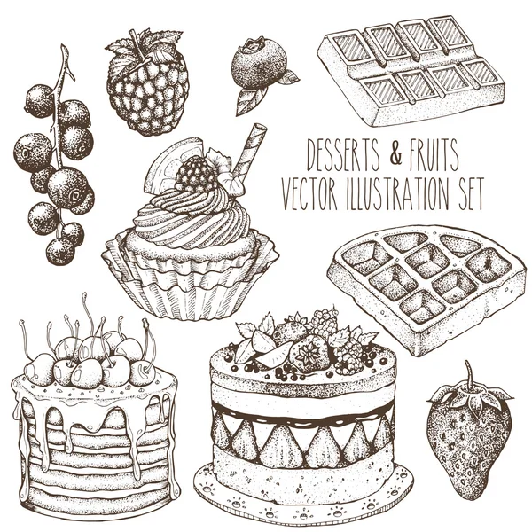 Sladký set zákusků. Dort, koláč, vafle, jahodový, malinový, borůvkový, rybíz. Kresba vektorová ruka na kreslené straně. — Stockový vektor