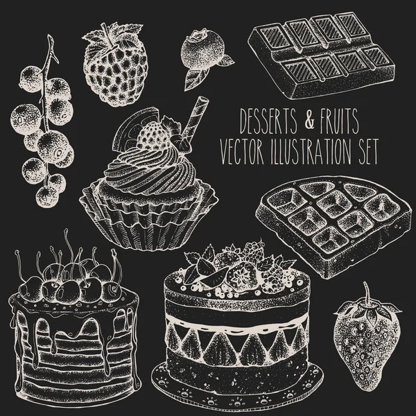 Dessert frukt söt set. Tårta, cupcake, våffla, jordgubb, hallon, blåbär, vinbär. Skiss vektor handritad illustration. — Stock vektor