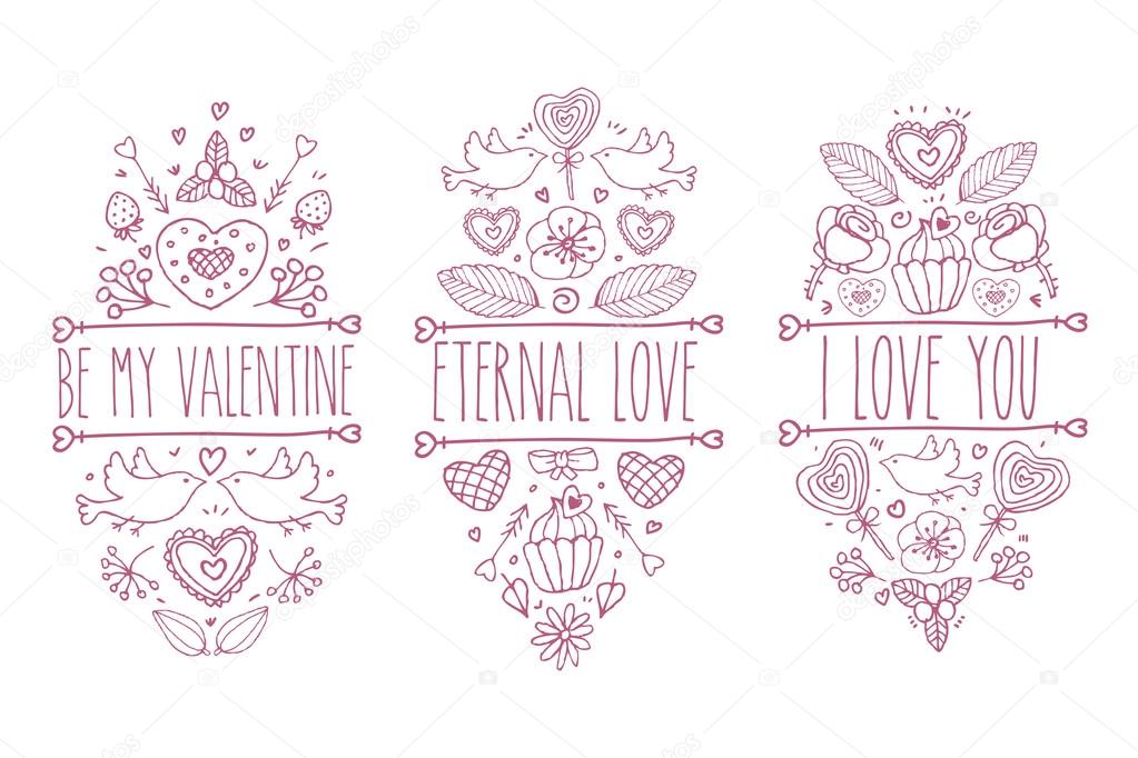 Valentines day sketch doodle collection, vector hand drawn label element set. Love heart, floral, branch, arrow, pigeon, bow, flower, leaf, lollipop, candy, rose, cupcake, beryy. Romantic collection.