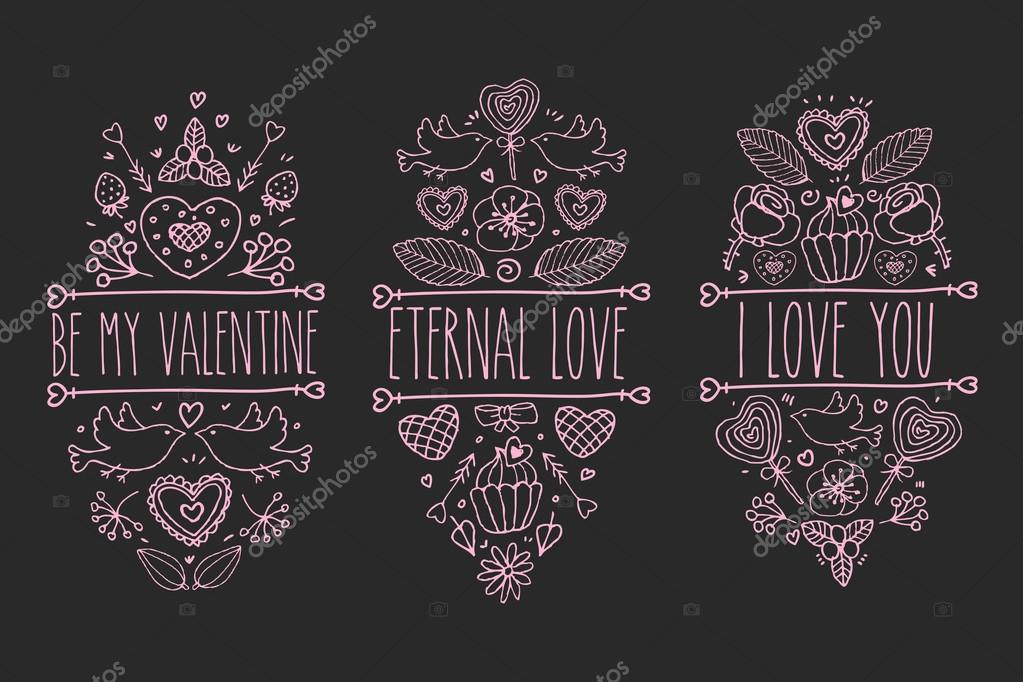 Valentines day sketch doodle collection, vector hand drawn label element set. Love heart, floral, branch, arrow, pigeon, bow, flower, leaf, lollipop, candy, rose, cupcake, beryy. Romantic collection.