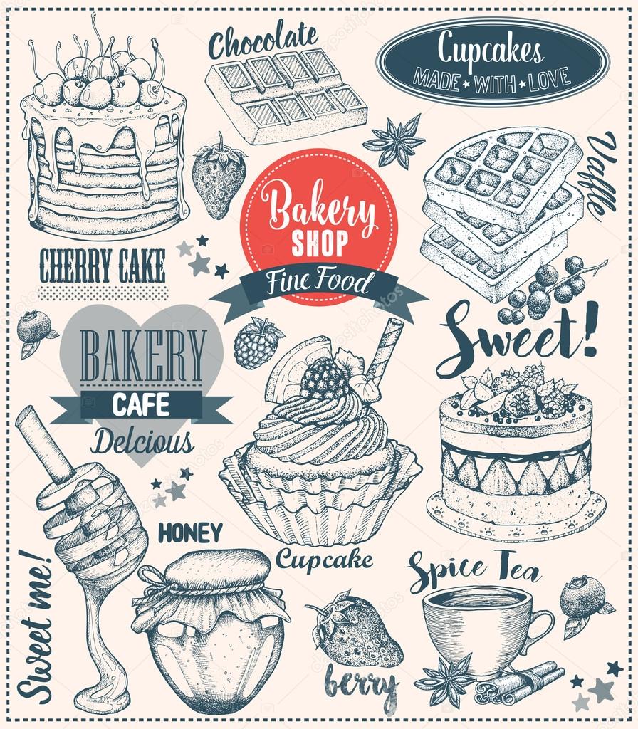Set Of Vintage Retro Bakery Labels On White Dessert Cake Cupcake Chocolate Berry Honey Waffle Decoration Collection Of Calligraphic And Typographic Element Style Design Frame Objects Vector Stock Vector Image By C Jukapulka