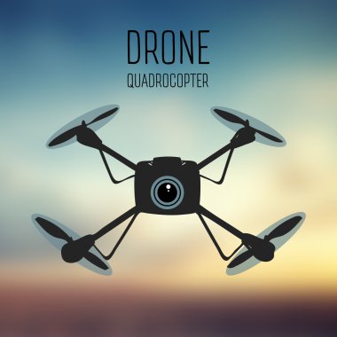 Drone quadrocopter. Eylem kamera Önden Görünüm vektör izole işareti ile robot. Drone logo, rozet, amblem ve tasarım öğesi. mağaza, onarım ve servis logo. Vektör. Arka plan bulanık