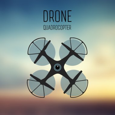 Drone quadrocopter. Eylem kamera Önden Görünüm vektör izole işareti ile robot. Drone logo, rozet, amblem ve tasarım öğesi. mağaza, onarım ve servis logo. Vektör. Arka plan bulanık