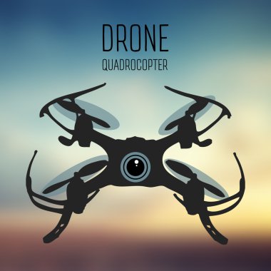Drone quadrocopter. Eylem kamera Önden Görünüm vektör izole işareti ile robot. Drone logo, rozet, amblem ve tasarım öğesi. mağaza, onarım ve servis logo. Vektör. Arka plan bulanık