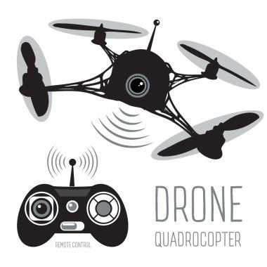 Drone quadrocopter. Eylem kamera ve Uzaktan kumanda izole işareti ile robot. Drone logo, rozet, amblem ve tasarım öğesi. Quadrocopter mağaza, onarım ve servis logo. Uçan quadcopter. Vektör.