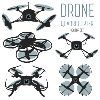 Drone quadrocopter küme. Eylem kamera ve Uzaktan kumanda izole işareti ile robot. Drone logo, rozet, amblem ve tasarım öğesi. Quadrocopter mağaza, onarım ve servis logo. Uçan quadcopter. Vecto