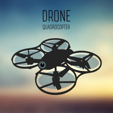 Drone quadrocopter. Eylem kamera Önden Görünüm vektör izole işareti ile robot. Drone logo, rozet, amblem ve tasarım öğesi. mağaza, onarım ve servis logo. Vektör. Arka plan bulanık
