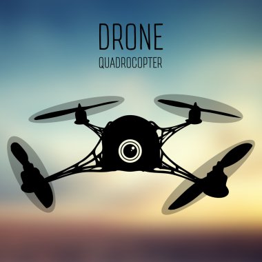 Drone quadrocopter. Eylem kamera Önden Görünüm vektör izole işareti ile robot. Drone logo, rozet, amblem ve tasarım öğesi. mağaza, onarım ve servis logo. Vektör. Arka plan bulanık
