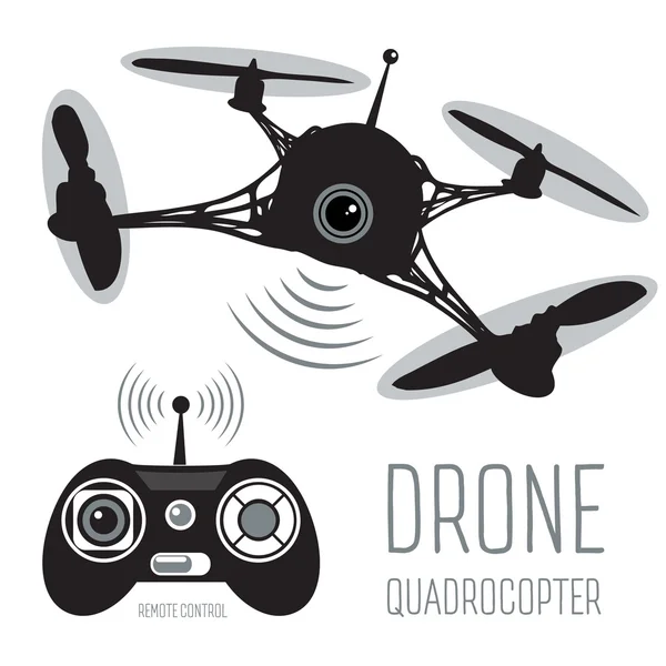 Drone quadrocopter. Drone dengan kamera aksi dan remote control tanda terisolasi. Logo Drone, lencana, lambang dan elemen desain. Toko Quadrocopter, logotype perbaikan & layanan. Kuadcopter terbang. Vektor . - Stok Vektor