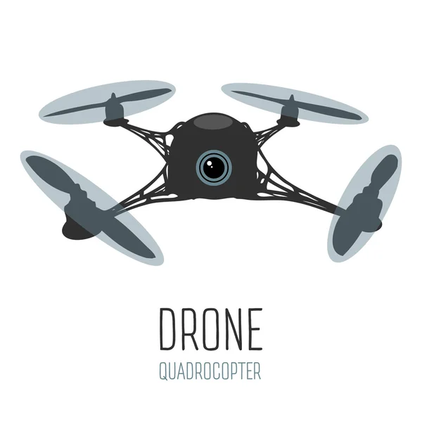 Drone quadrocopter. Drone med action kamera framifrån vektor isolerade tecken. Drone logotyp, badge, emblem och design element. Quadrocopter store, reparation & service logotype. Flygande quadcopter. Vektor. — Stock vektor