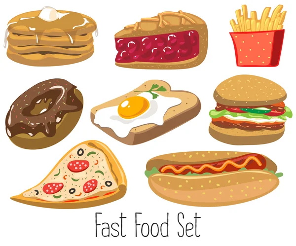 Set of cartoon fast food. Vector illustration, isolated on white. Pizza, pie, hamburger, egg, toast, pizza, donut, hot dog, fries, pancakes — Stock Vector
