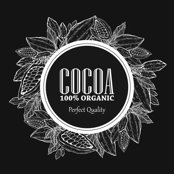 Illustrazione botanica di ghirlanda di cacao disegnata a mano. Scarabocchio decorativo al cacao di alimenti nutrienti sani su sfondo nero . — Vettoriale Stock