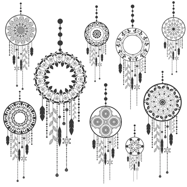 Dream catcher dreamcatcher aztécké péřové kmenové vektor vzorované sada s výzdobou. Native americké ilustrace izolované na bílém pozadí. — Stockový vektor