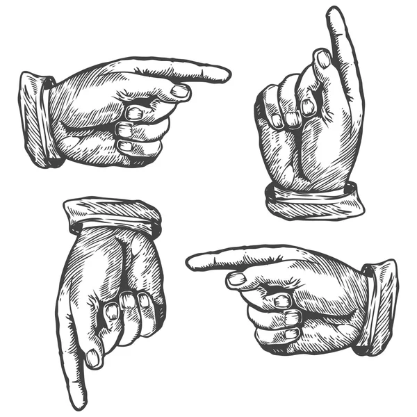 Señalando hacia abajo el dedo derecho izquierdo Vector ilustración. Estilo de grabado . — Vector de stock