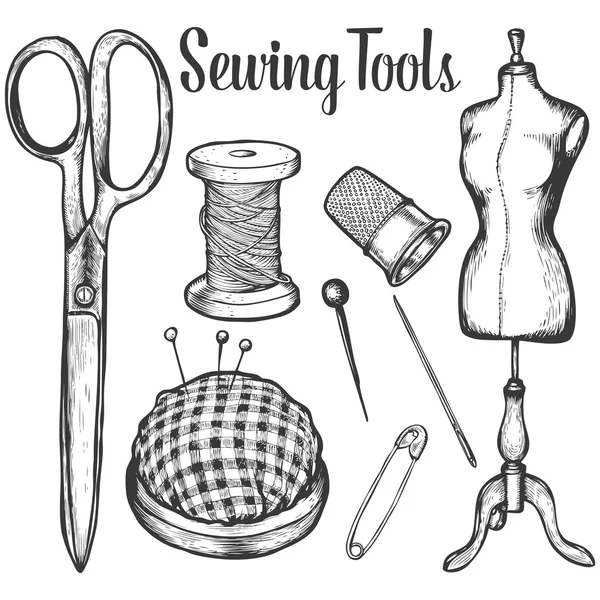 Utensili per cucire Collezione di oggetti per maglieria disegnati a mano molto dettagliata. Fondo bianco — Vettoriale Stock