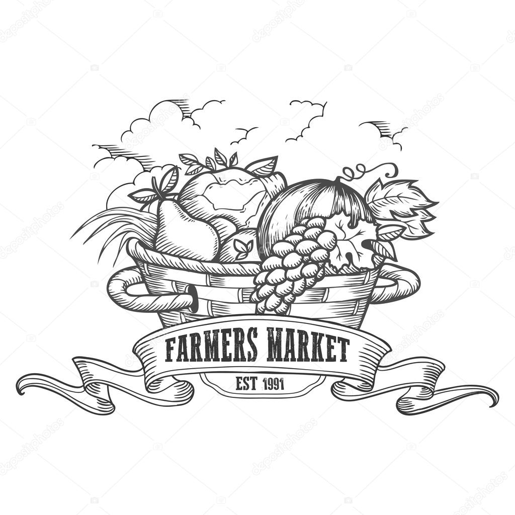 Farmers market badge. Monochrome vintage engraving fresh organic vegetables and fruits sign isolated on white background. Sketch vector hand drawn illustration.