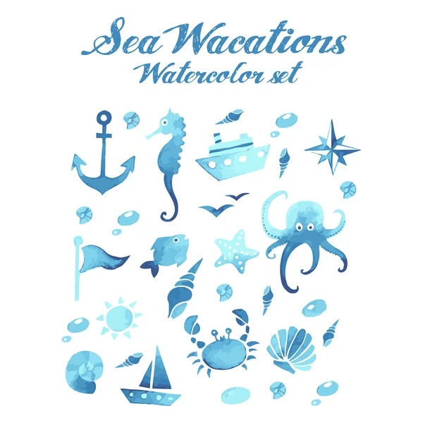 Wacations mar conjunto vetor aquarela —  Vetores de Stock