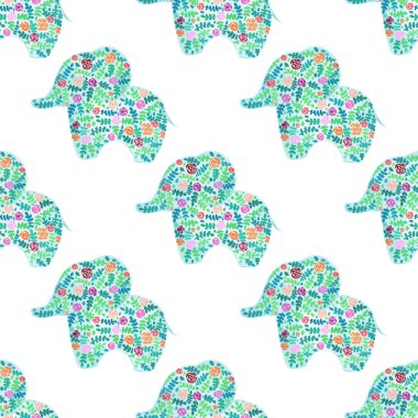 Vektör suluboya çiçek desenli fil seamless modeli