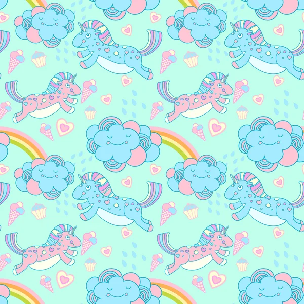 Vector seamless pattern with the unicorns, clouds and rainbow — Stock Vector