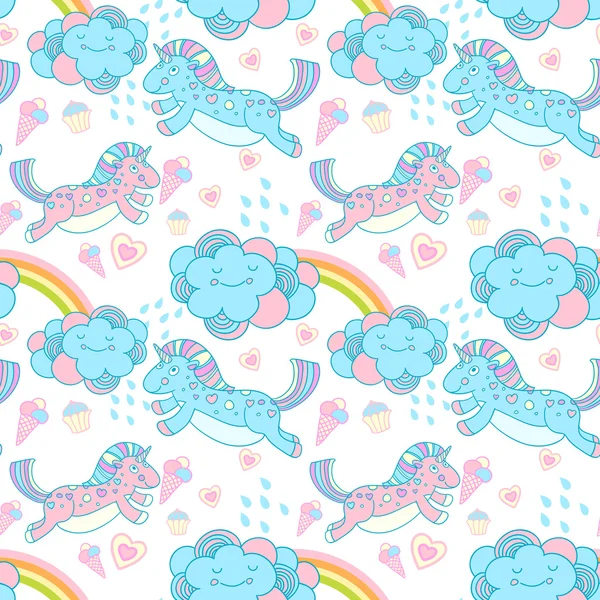 Vector seamless pattern with the unicorns, clouds and rainbow — Stock Vector