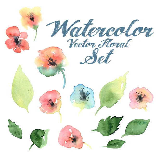 Vektor pasztell akvarell virágos szett flovers és a lombozat — Stock Vector