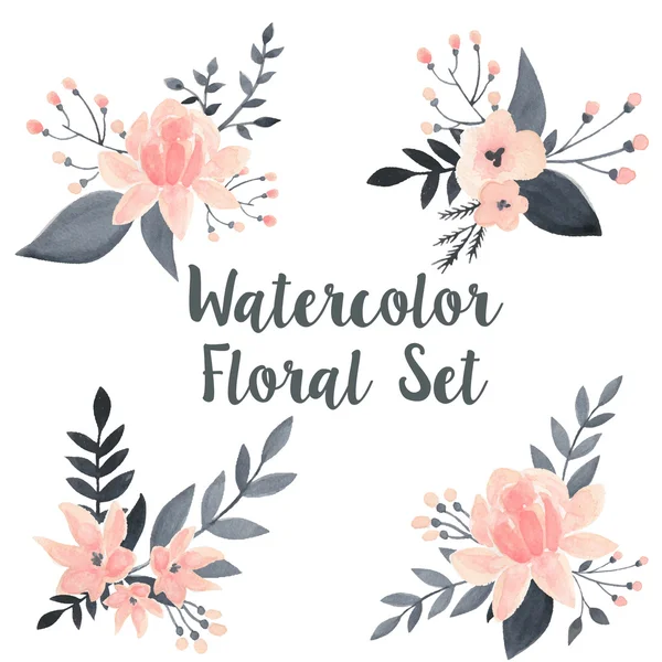 Watercolor floral vector set with flowers and branch — Stock Vector