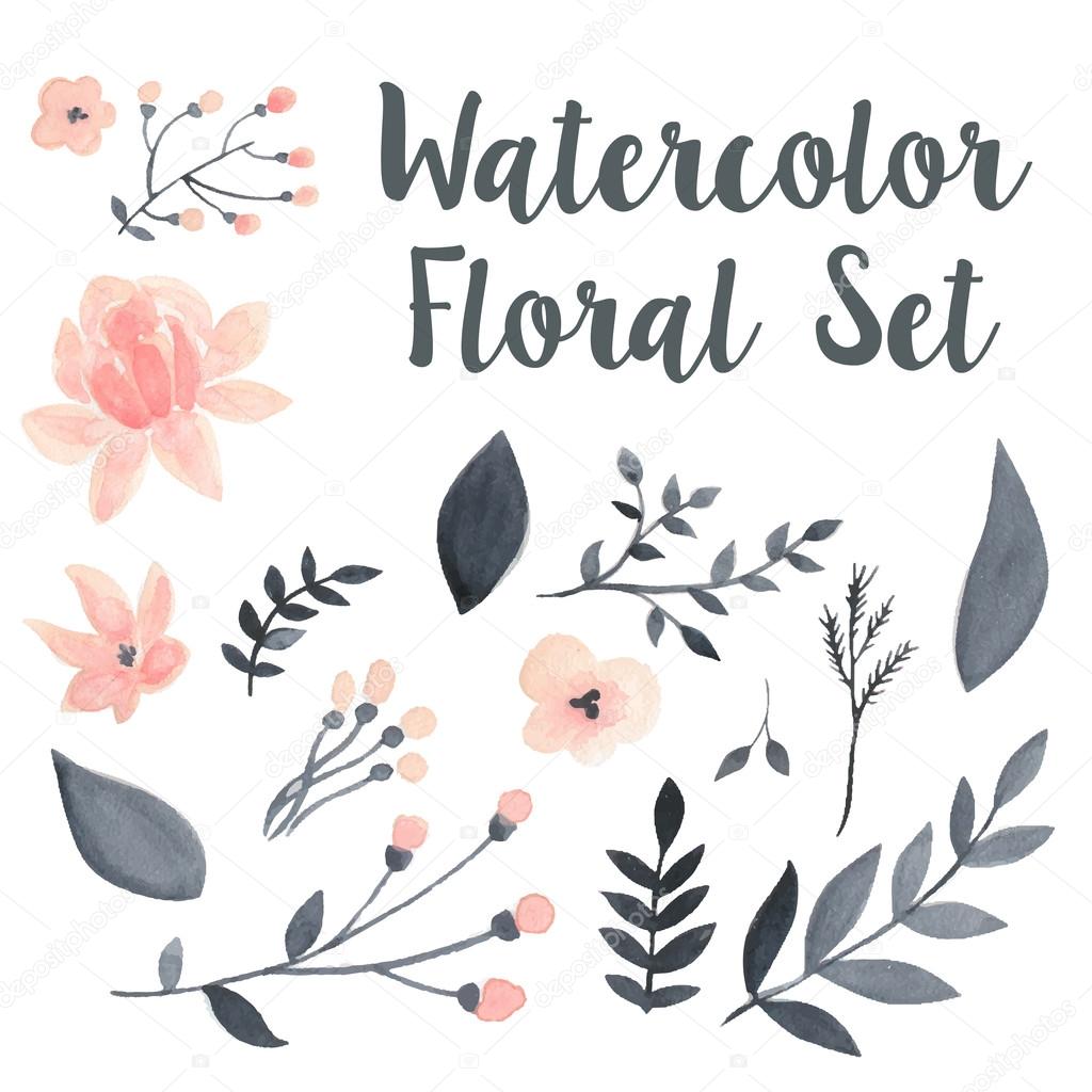 Vector pastel watercolor floral set with flovers and foliage