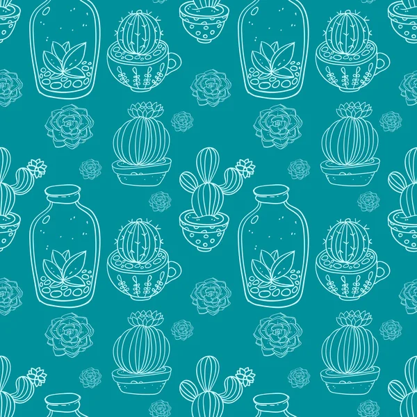 Suculentas y cactus vector pintado a mano patrón sin costuras — Archivo Imágenes Vectoriales