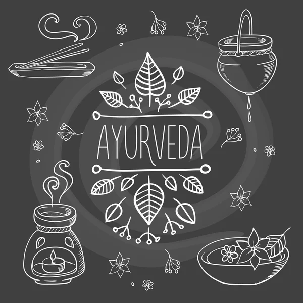 Ayurveda symboles organiques ayurvédiques peint à la main ensemble vectoriel illustration — Image vectorielle