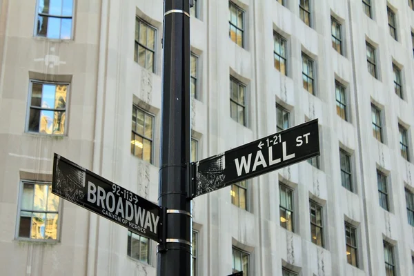 Wall street och broadway hörnet logga in New York — Stockfoto