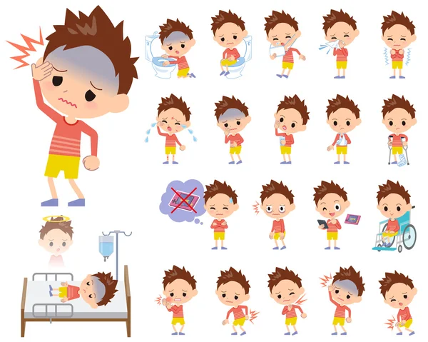 Red clothing short hair boy About the sickness — Stock Vector