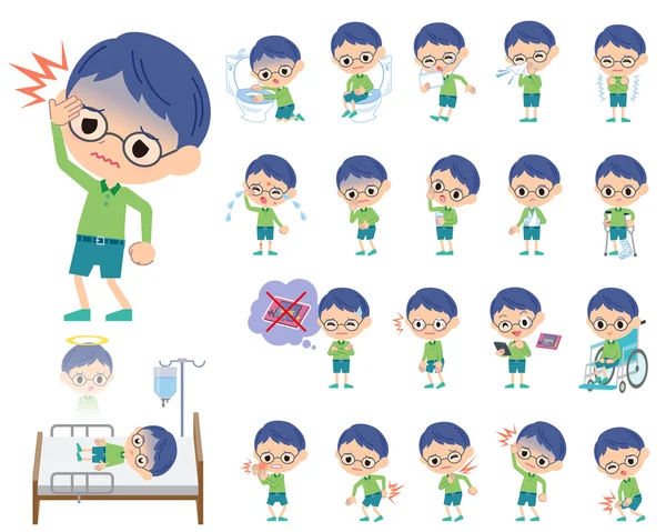 Zöld ruházat szemüveg fiú arról, hogy a betegség — Stock Vector