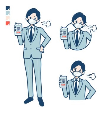 Akıllı telefon sorunlu görüntüleri için maske takan genç bir işadamı.