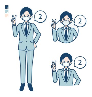 Maske takan genç bir işadamı 2 resim olarak sayıyor.