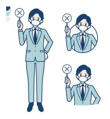 Maske takan genç bir işadamı çapraz panel görüntüsü yayıyor.