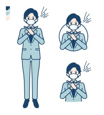 Genç bir işadamı maske takıyor ve kollu bir haç yapıyor.