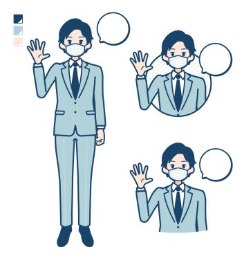 Genç bir iş adamı, karşılama görüntüleriyle maske takıyor.