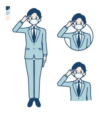 Genç bir işadamı selamlama görüntüleriyle maske takıyor.