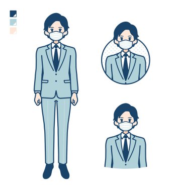 Gülümseyen resimlerle maske takan genç bir işadamı.