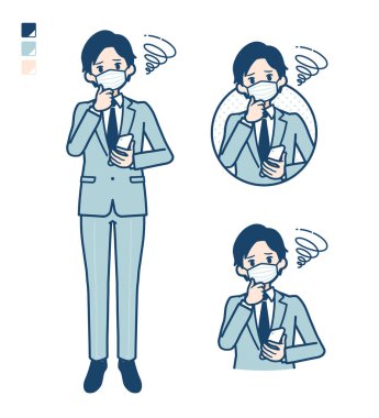 Akıllı telefon ve sorunlu görüntüler taşıyan maske takan genç bir işadamı.