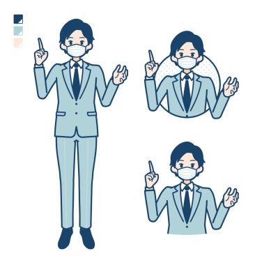 Genç bir iş adamı konuşan bir maske takıyor.