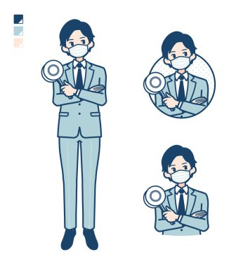 Genç bir iş adamı maske takıyor. Yanıt görüntüsünü düşün.