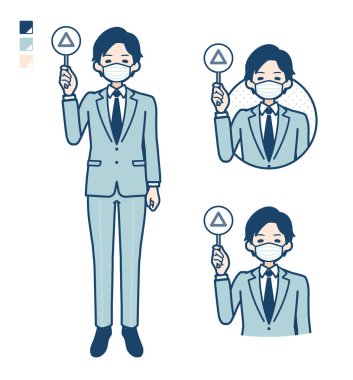 Maske takan genç bir işadamı Üçgen panelli bir görüntü yayıyor.