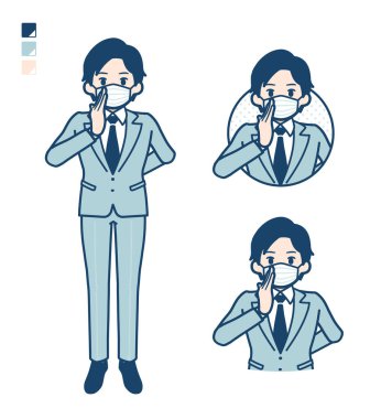 Fısıldayan resimli bir maske takan genç bir işadamı.