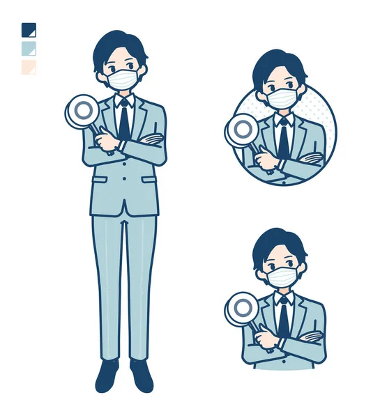 Genç bir iş adamı maske takıyor. Yanıt görüntüsünü düşün.